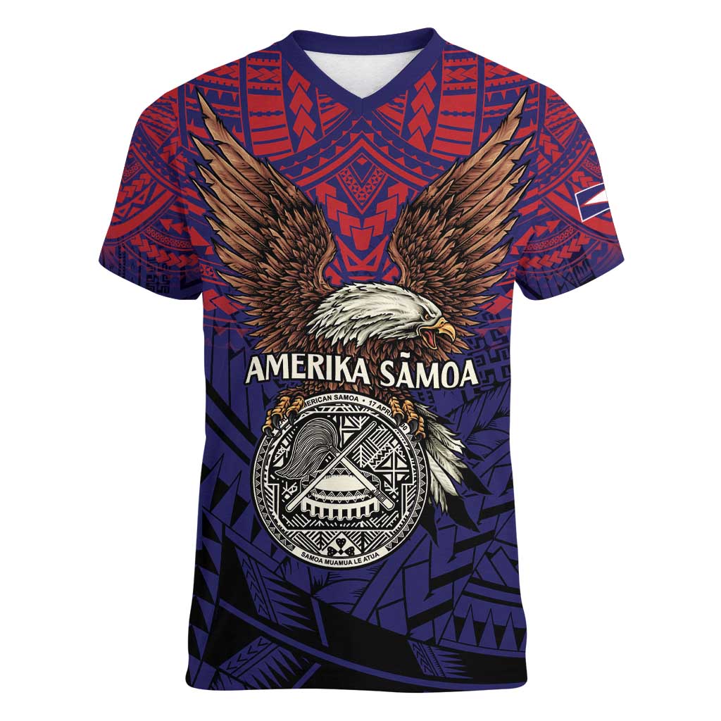 American Samoa Brave Eagle Personalized Women V-Neck T-Shirt National Flag Color