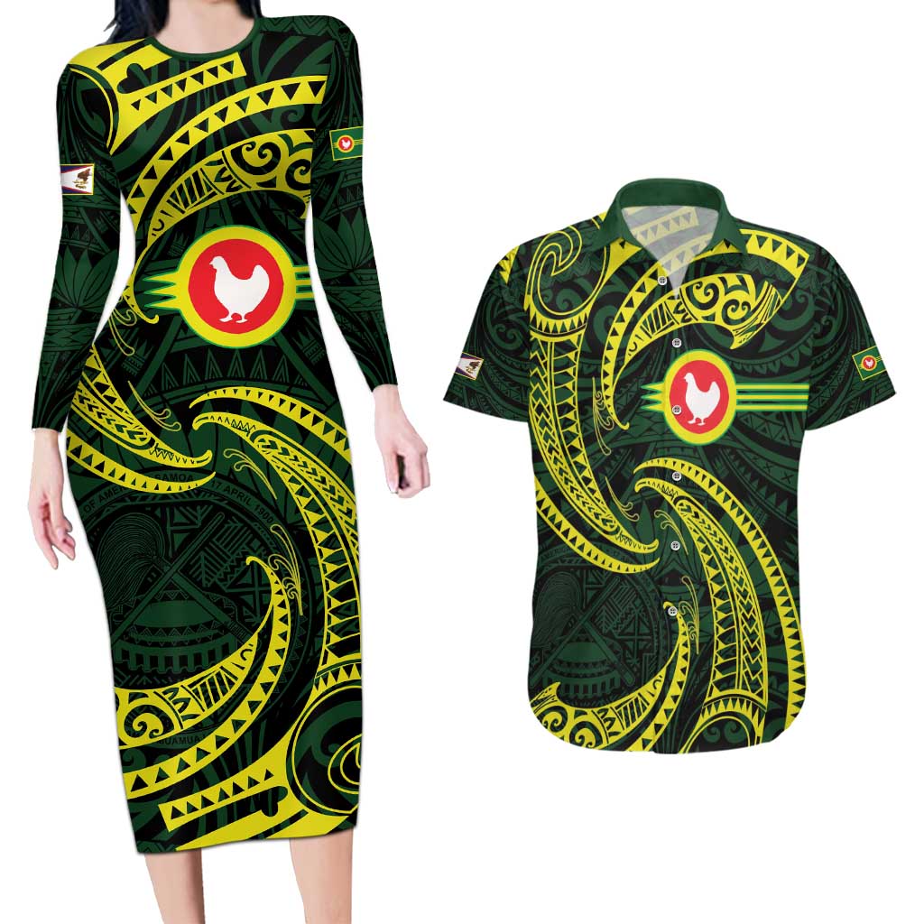 American Samoa Manua Cession Day Personalized Couples Matching Long Sleeve Bodycon Dress and Hawaiian Shirt Polynesian Wave Style LT9 Green - Polynesian Pride