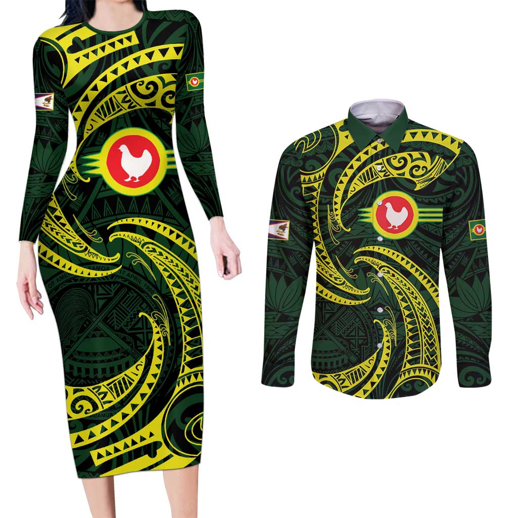 American Samoa Manua Cession Day Personalized Couples Matching Long Sleeve Bodycon Dress and Long Sleeve Button Shirt Polynesian Wave Style LT9 Green - Polynesian Pride