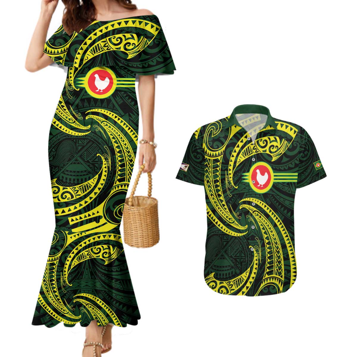 American Samoa Manua Cession Day Personalized Couples Matching Mermaid Dress and Hawaiian Shirt Polynesian Wave Style LT9 Green - Polynesian Pride