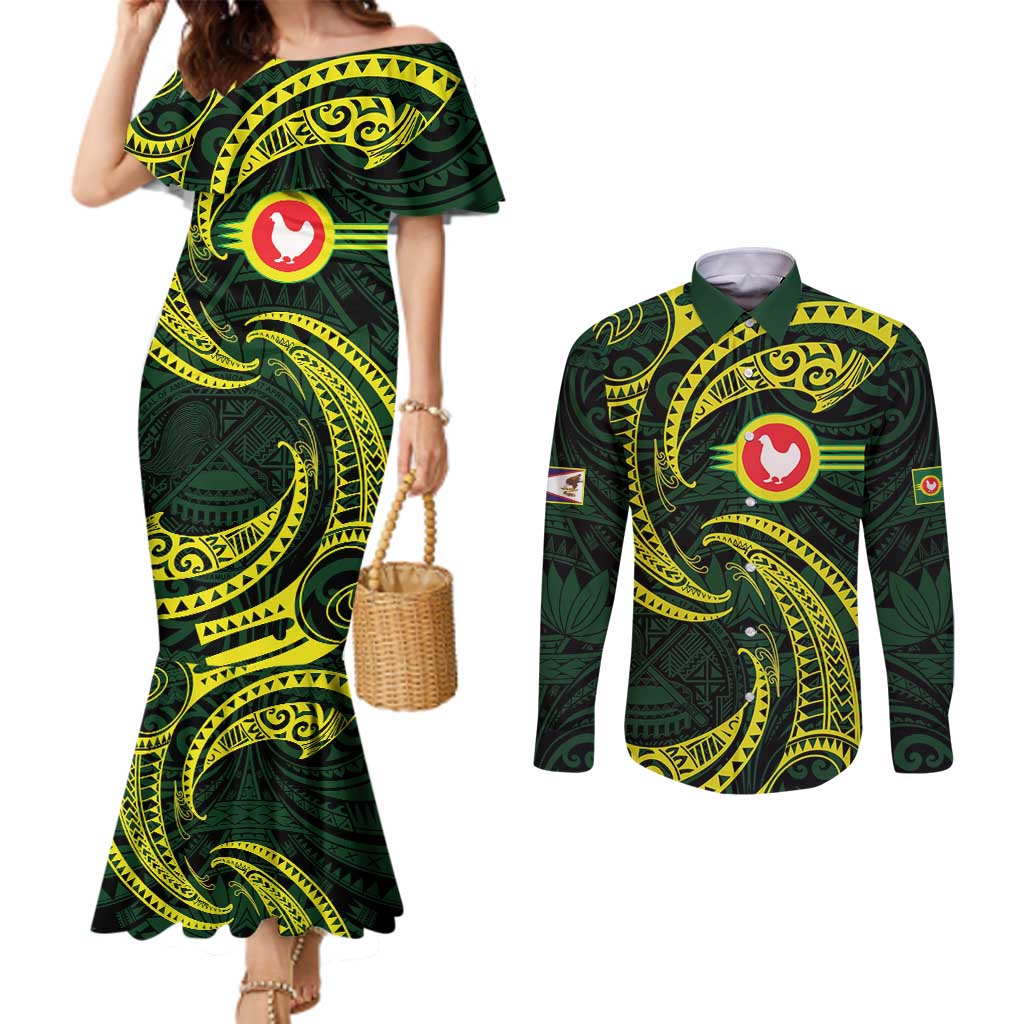 American Samoa Manua Cession Day Personalized Couples Matching Mermaid Dress and Long Sleeve Button Shirt Polynesian Wave Style LT9 Green - Polynesian Pride