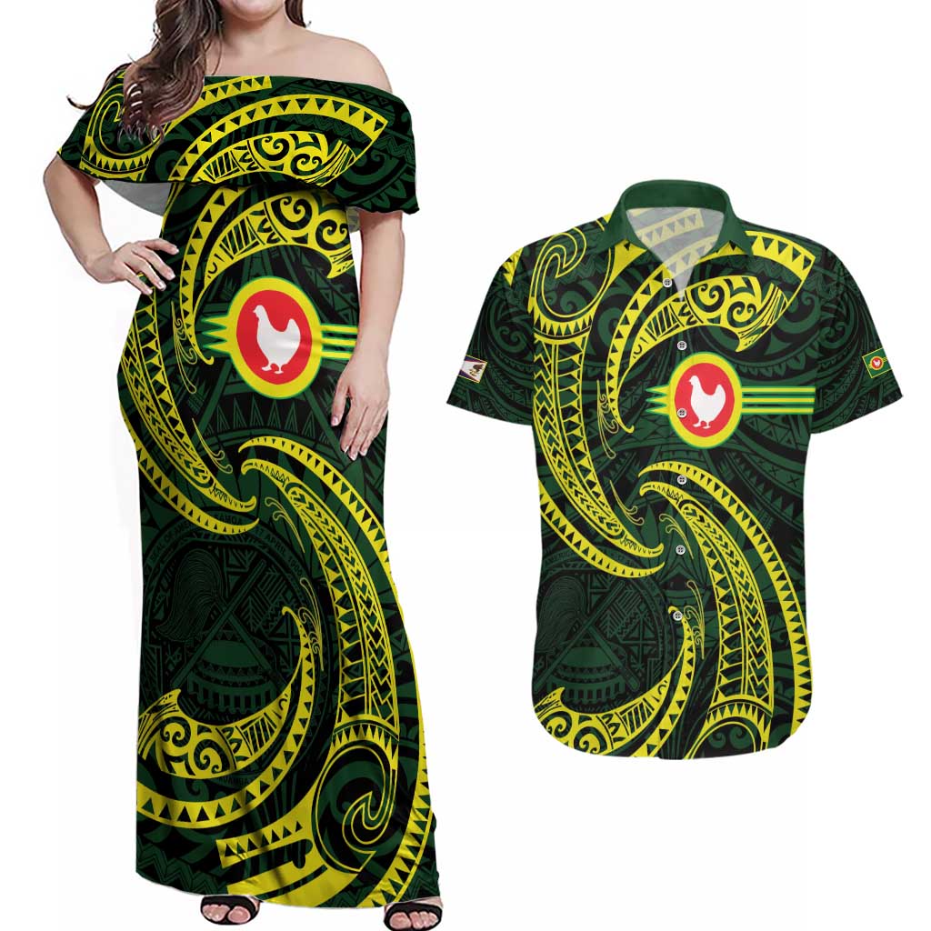 American Samoa Manua Cession Day Personalized Couples Matching Off Shoulder Maxi Dress and Hawaiian Shirt Polynesian Wave Style LT9 Green - Polynesian Pride