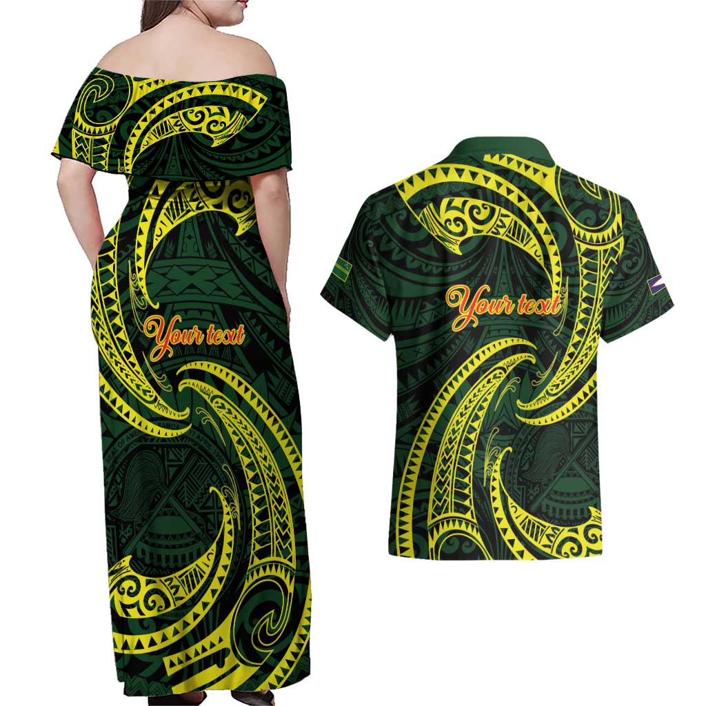 American Samoa Manua Cession Day Personalized Couples Matching Off Shoulder Maxi Dress and Hawaiian Shirt Polynesian Wave Style
