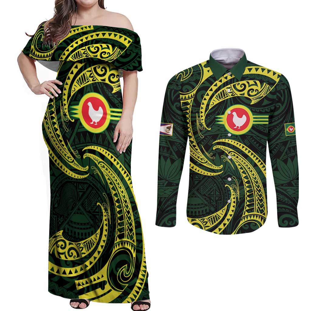 American Samoa Manua Cession Day Personalized Couples Matching Off Shoulder Maxi Dress and Long Sleeve Button Shirt Polynesian Wave Style LT9 Green - Polynesian Pride