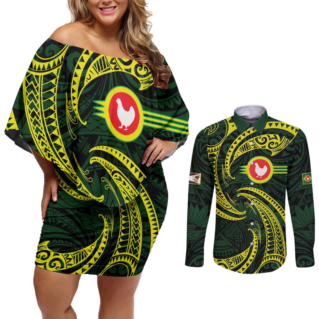 American Samoa Manua Cession Day Personalized Couples Matching Off Shoulder Short Dress and Long Sleeve Button Shirt Polynesian Wave Style LT9 Green - Polynesian Pride