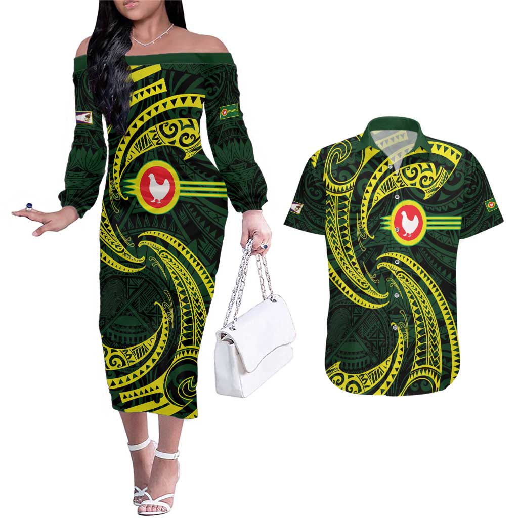 American Samoa Manua Cession Day Personalized Couples Matching Off The Shoulder Long Sleeve Dress and Hawaiian Shirt Polynesian Wave Style LT9 Green - Polynesian Pride