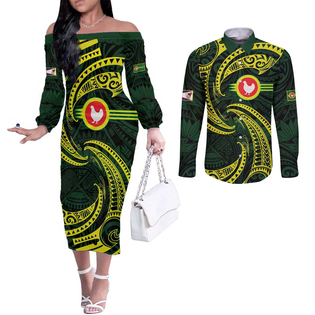 American Samoa Manua Cession Day Personalized Couples Matching Off The Shoulder Long Sleeve Dress and Long Sleeve Button Shirt Polynesian Wave Style LT9 Green - Polynesian Pride