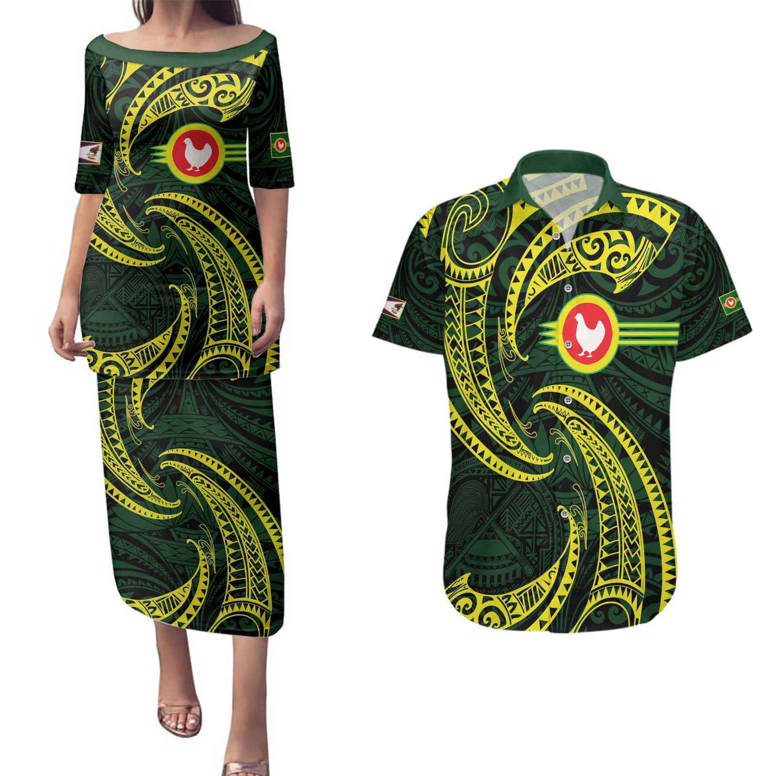 American Samoa Manua Cession Day Personalized Couples Matching Puletasi and Hawaiian Shirt Polynesian Wave Style LT9 Green - Polynesian Pride