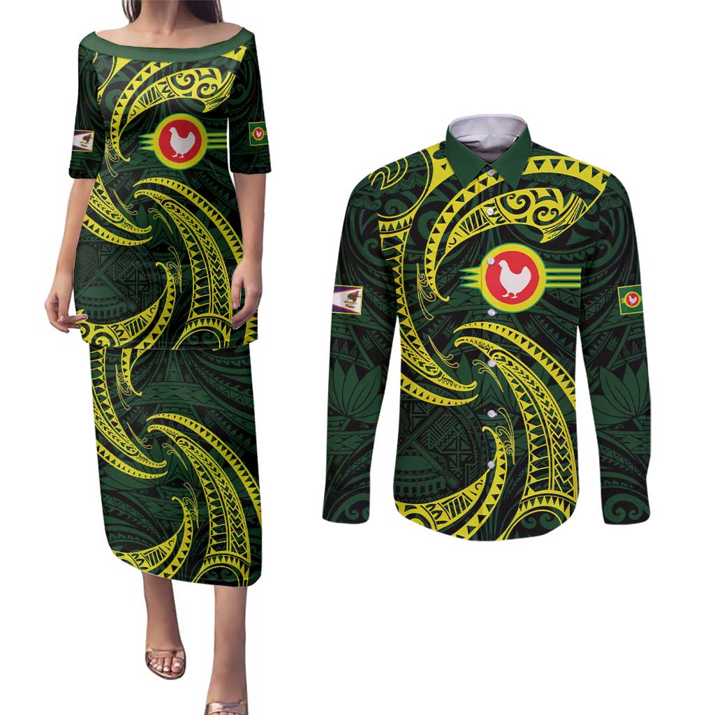 American Samoa Manua Cession Day Personalized Couples Matching Puletasi and Long Sleeve Button Shirt Polynesian Wave Style LT9 Green - Polynesian Pride
