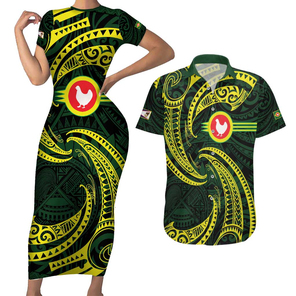 American Samoa Manua Cession Day Personalized Couples Matching Short Sleeve Bodycon Dress and Hawaiian Shirt Polynesian Wave Style LT9 Green - Polynesian Pride