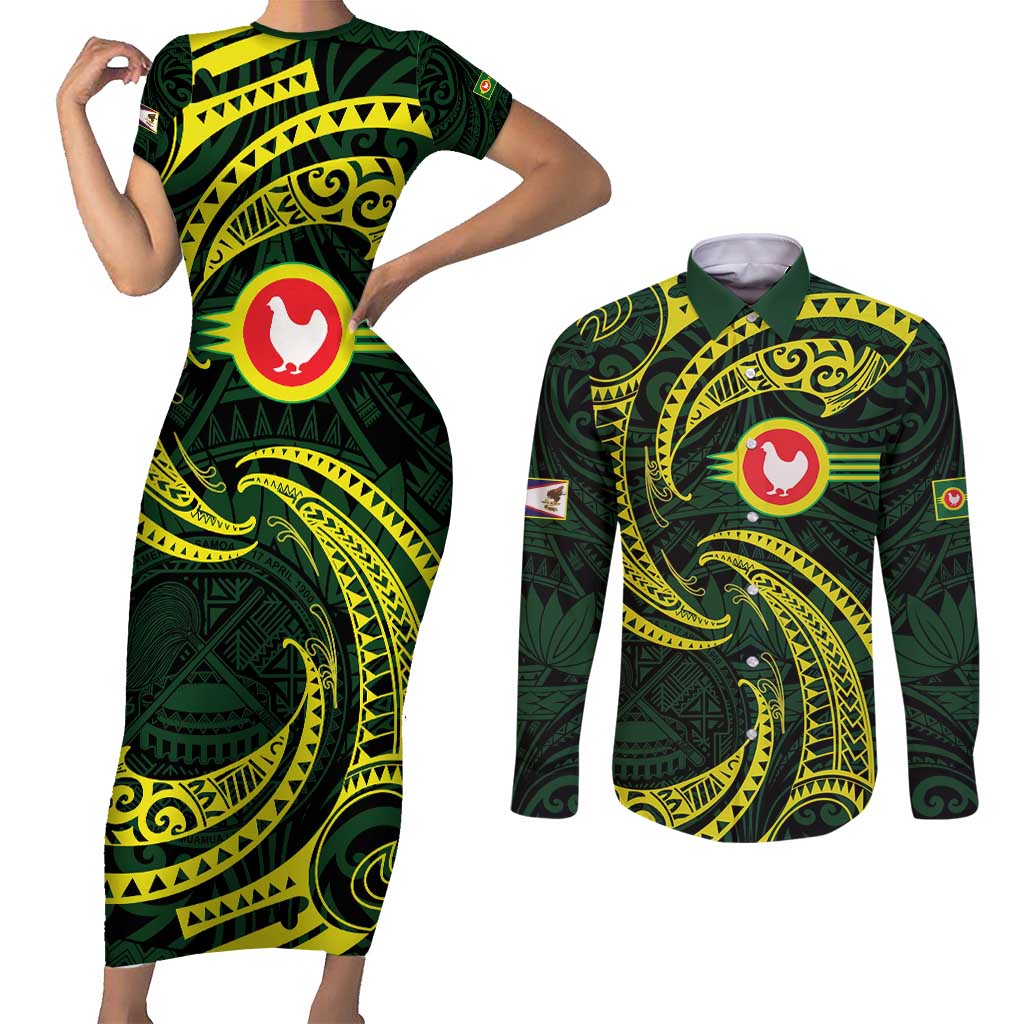 American Samoa Manua Cession Day Personalized Couples Matching Short Sleeve Bodycon Dress and Long Sleeve Button Shirt Polynesian Wave Style LT9 Green - Polynesian Pride