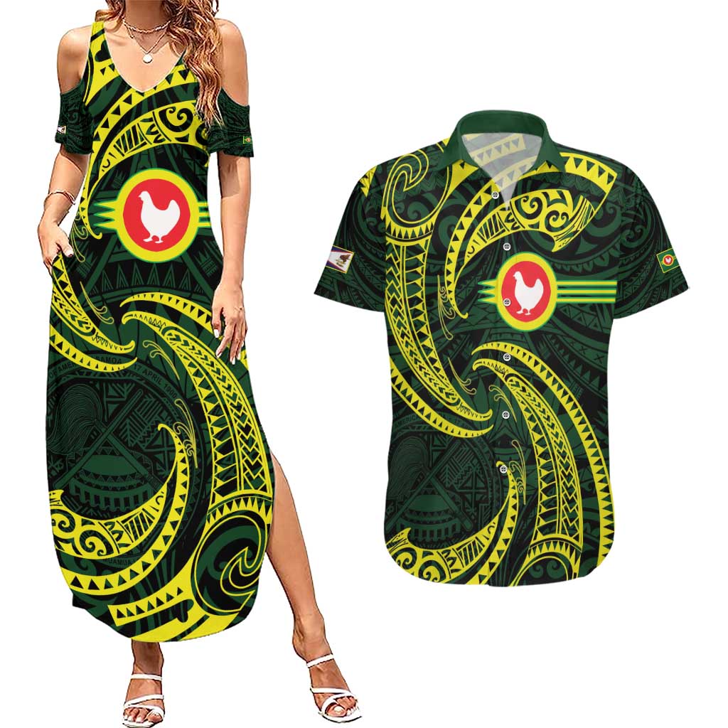 American Samoa Manua Cession Day Personalized Couples Matching Summer Maxi Dress and Hawaiian Shirt Polynesian Wave Style LT9 Green - Polynesian Pride
