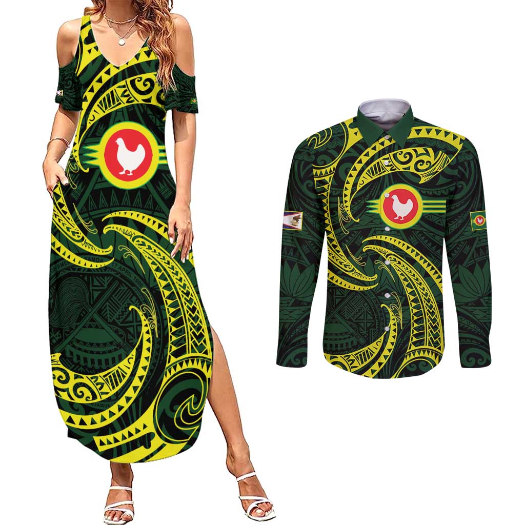 American Samoa Manua Cession Day Personalized Couples Matching Summer Maxi Dress and Long Sleeve Button Shirt Polynesian Wave Style LT9 Green - Polynesian Pride