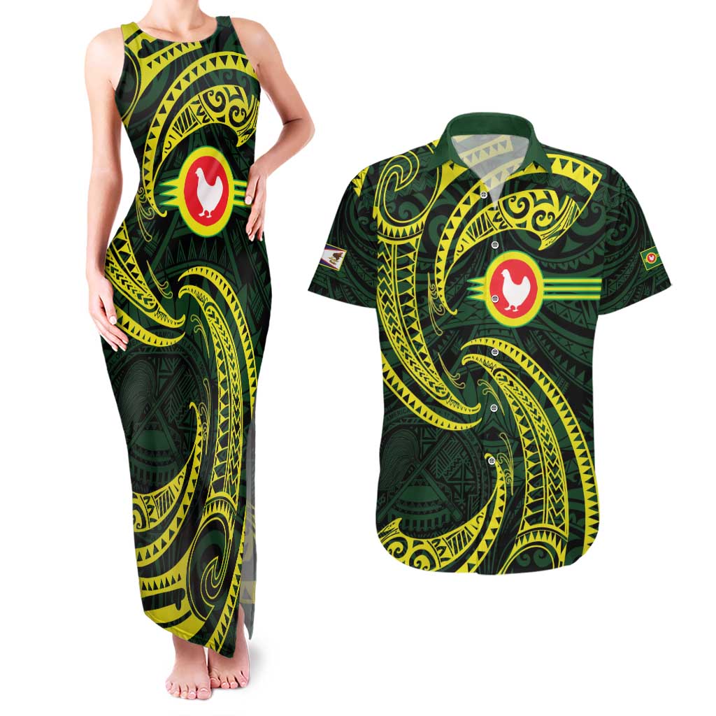 American Samoa Manua Cession Day Personalized Couples Matching Tank Maxi Dress and Hawaiian Shirt Polynesian Wave Style LT9 Green - Polynesian Pride