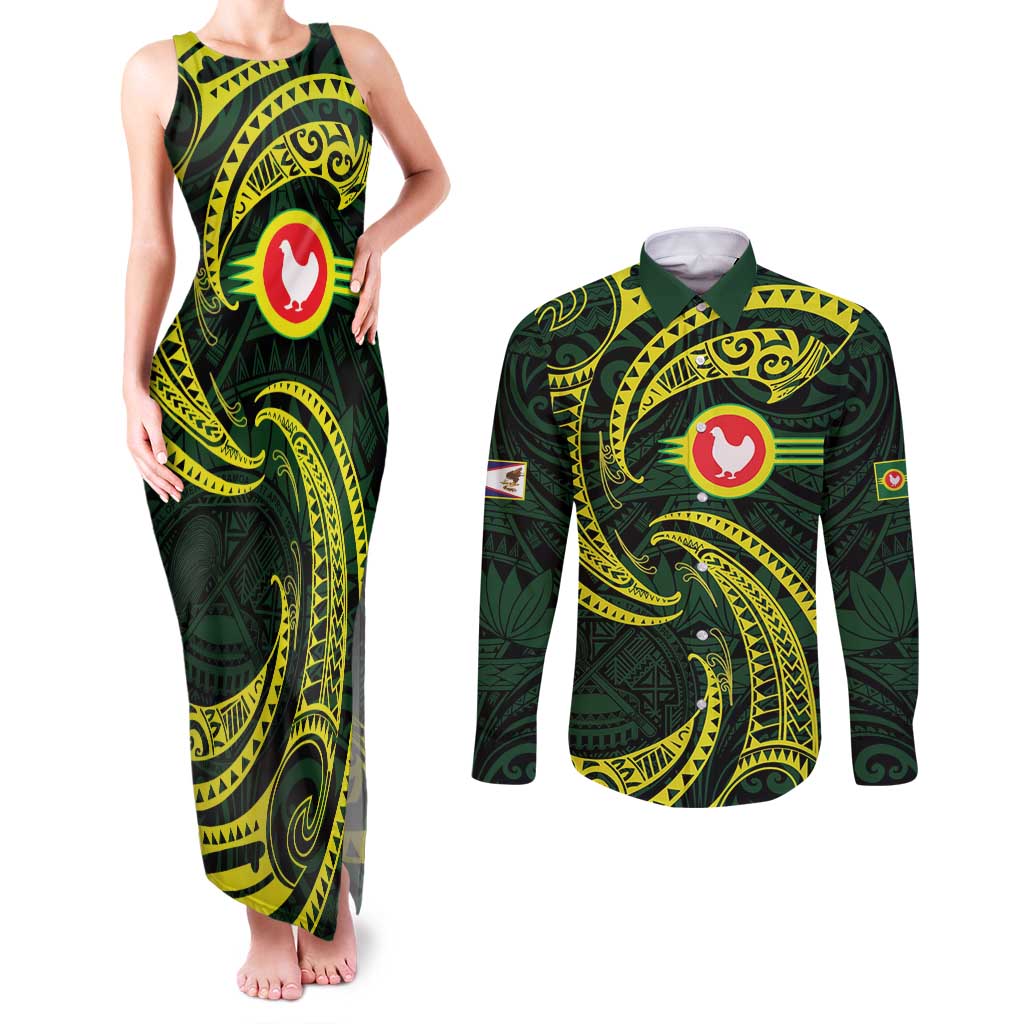 American Samoa Manua Cession Day Personalized Couples Matching Tank Maxi Dress and Long Sleeve Button Shirt Polynesian Wave Style LT9 Green - Polynesian Pride