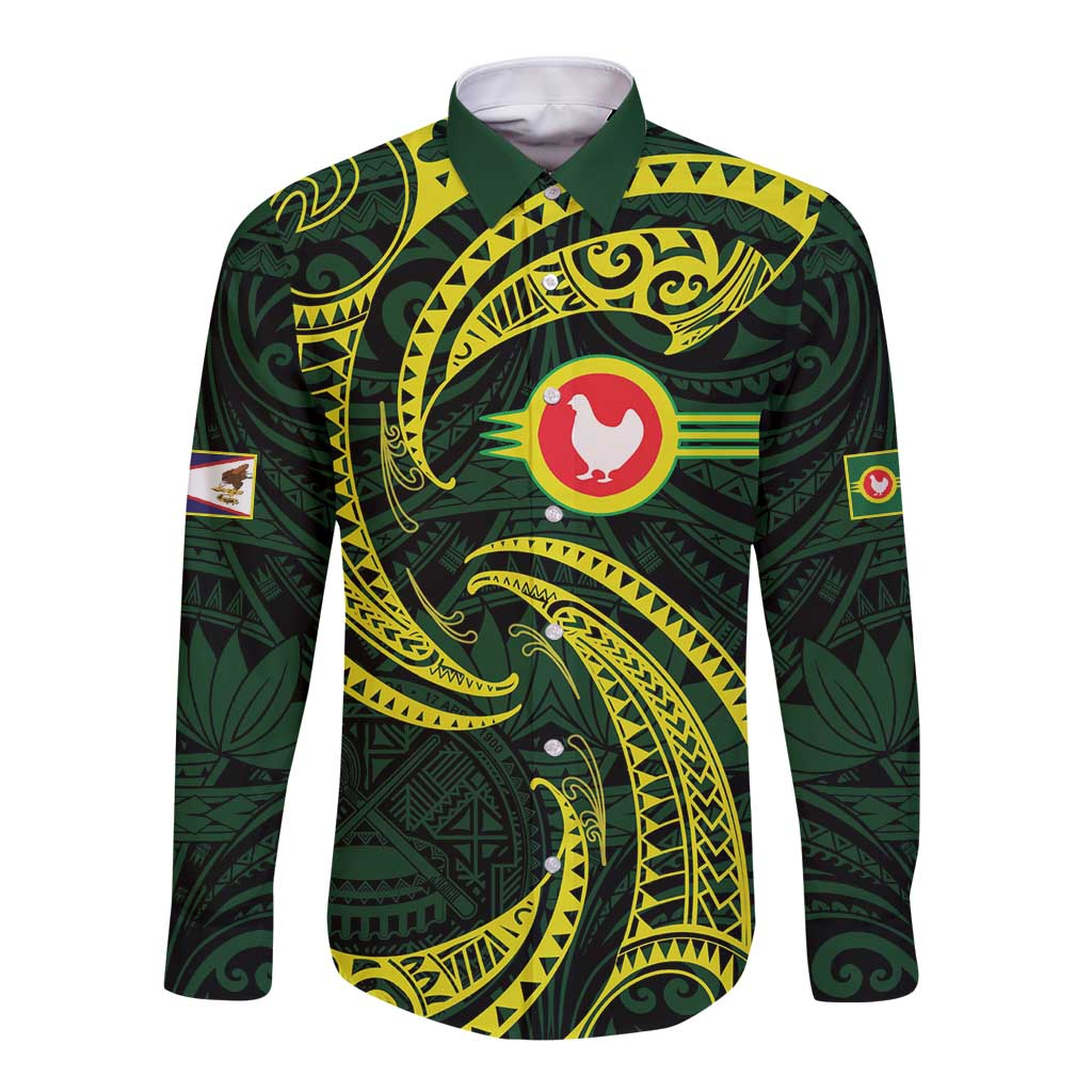 American Samoa Manua Cession Day Personalized Long Sleeve Button Shirt Polynesian Wave Style LT9 Unisex Green - Polynesian Pride