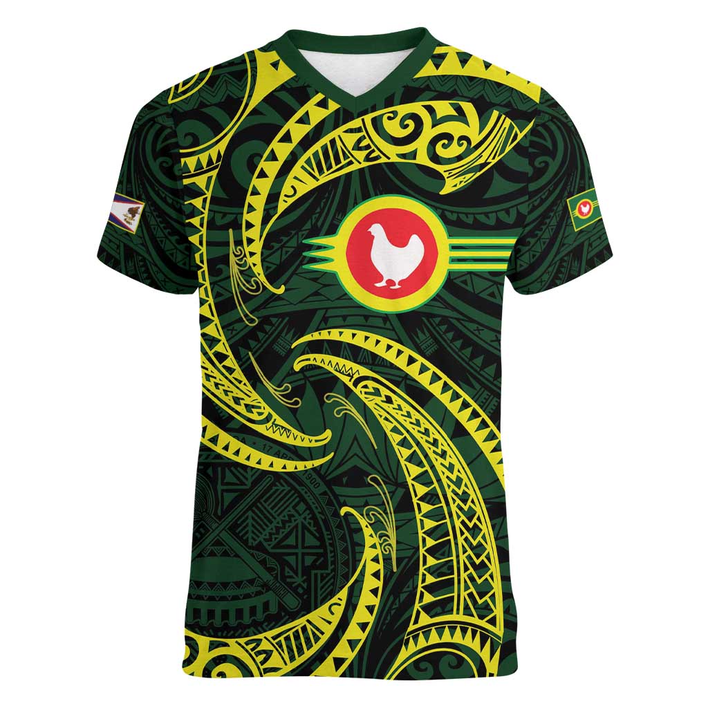 American Samoa Manua Cession Day Personalized Women V-Neck T-Shirt Polynesian Wave Style LT9 Female Green - Polynesian Pride