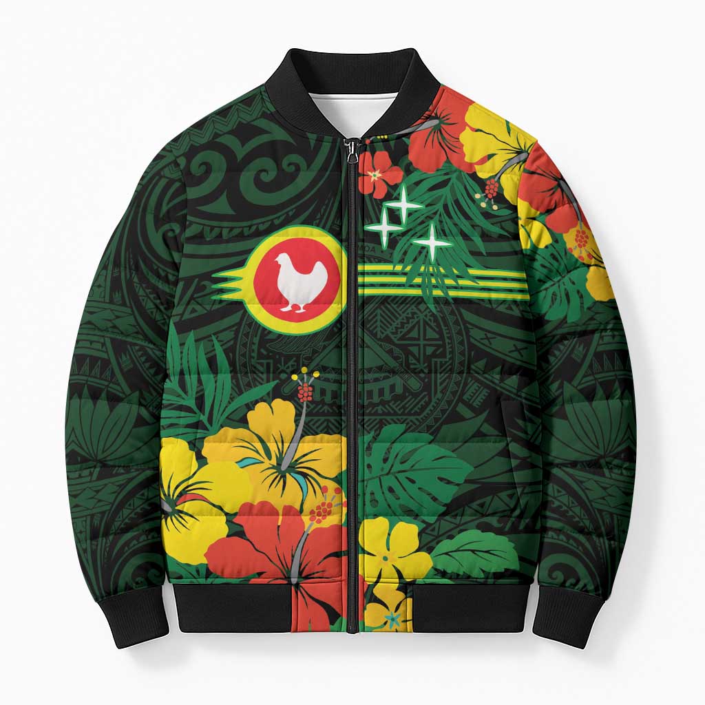 American Samoa Manu'atele Personalized Bomber Puffer Jacket Manua Island Hibiscus Flowers LT9 Unisex Green - Polynesian Pride