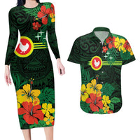 American Samoa Manu'atele Personalized Couples Matching Long Sleeve Bodycon Dress and Hawaiian Shirt Manua Island Hibiscus Flowers