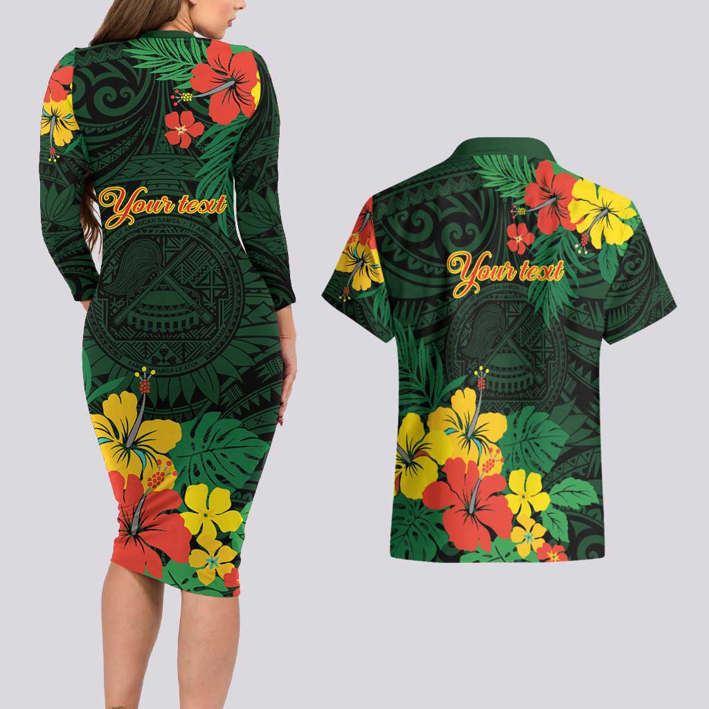 American Samoa Manu'atele Personalized Couples Matching Long Sleeve Bodycon Dress and Hawaiian Shirt Manua Island Hibiscus Flowers
