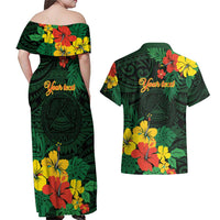American Samoa Manu'atele Personalized Couples Matching Off Shoulder Maxi Dress and Hawaiian Shirt Manua Island Hibiscus Flowers