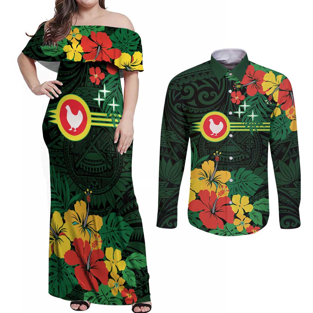 American Samoa Manu'atele Personalized Couples Matching Off Shoulder Maxi Dress and Long Sleeve Button Shirt Manua Island Hibiscus Flowers LT9 Green - Polynesian Pride