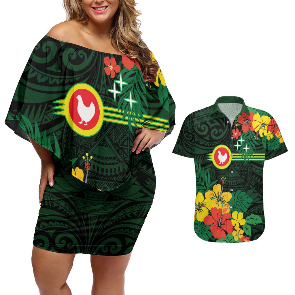 American Samoa Manu'atele Personalized Couples Matching Off Shoulder Short Dress and Hawaiian Shirt Manua Island Hibiscus Flowers LT9 Green - Polynesian Pride