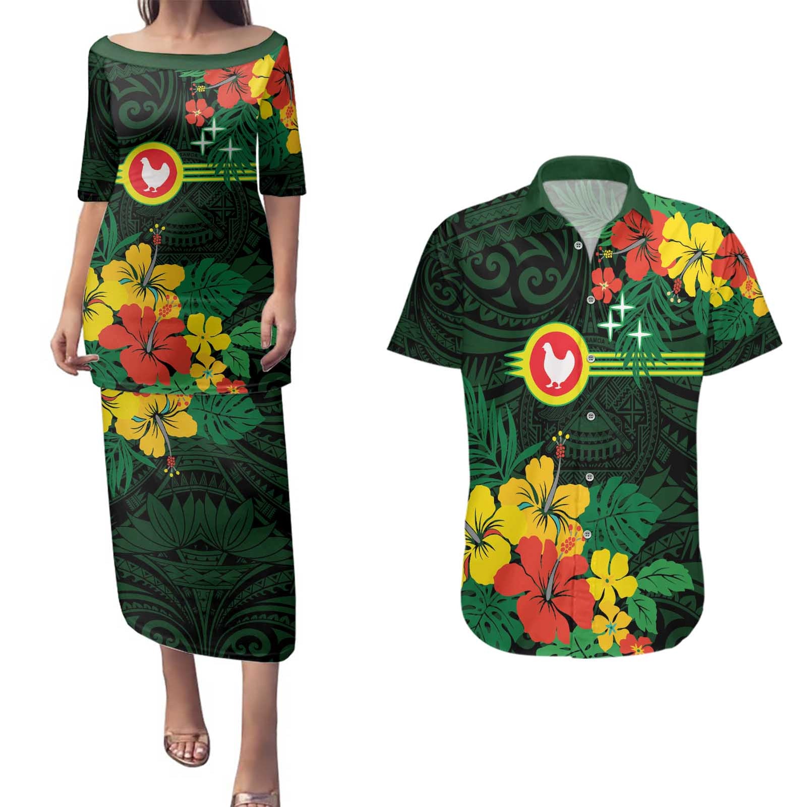 American Samoa Manu'atele Personalized Couples Matching Puletasi and Hawaiian Shirt Manua Island Hibiscus Flowers LT9 Green - Polynesian Pride