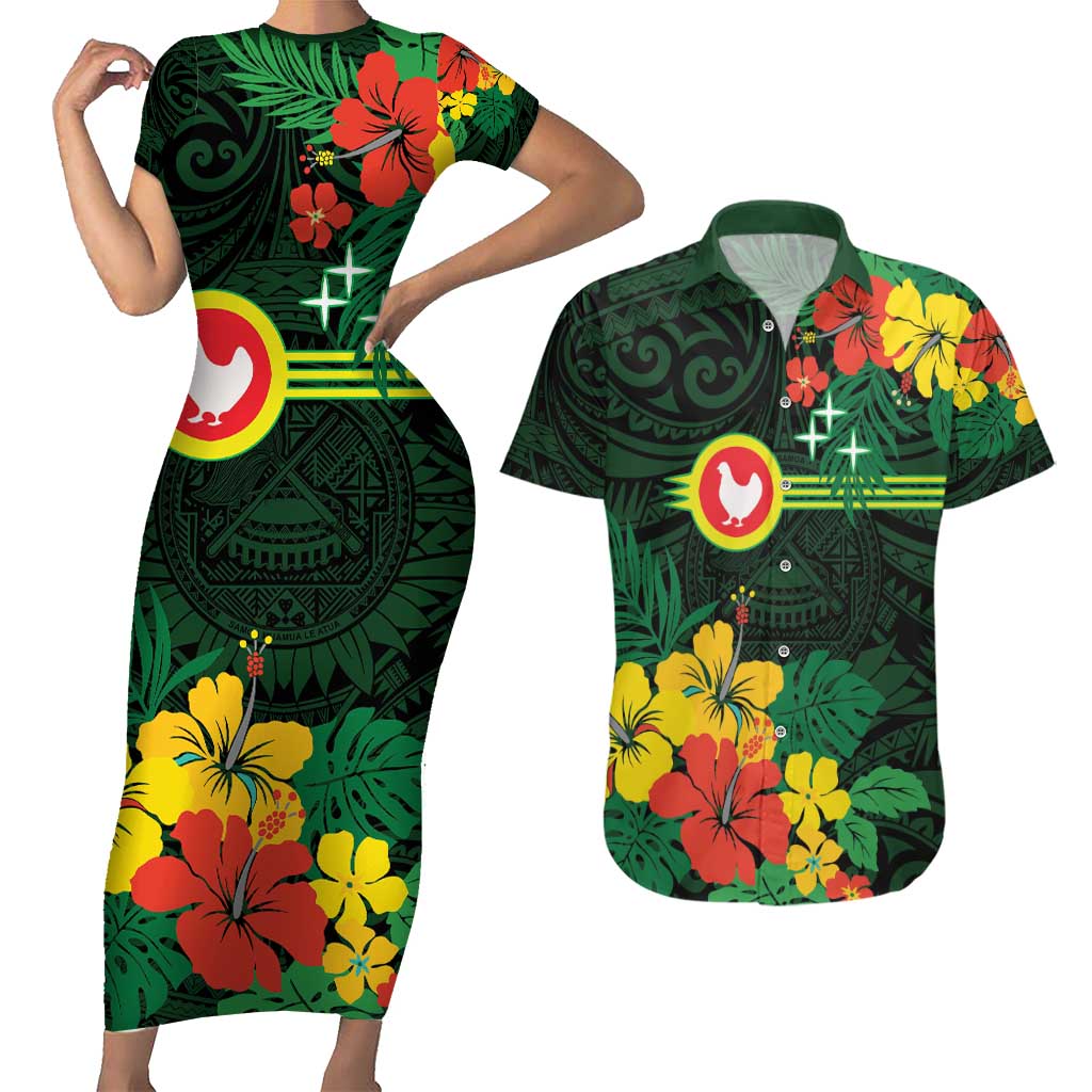 American Samoa Manu'atele Personalized Couples Matching Short Sleeve Bodycon Dress and Hawaiian Shirt Manua Island Hibiscus Flowers