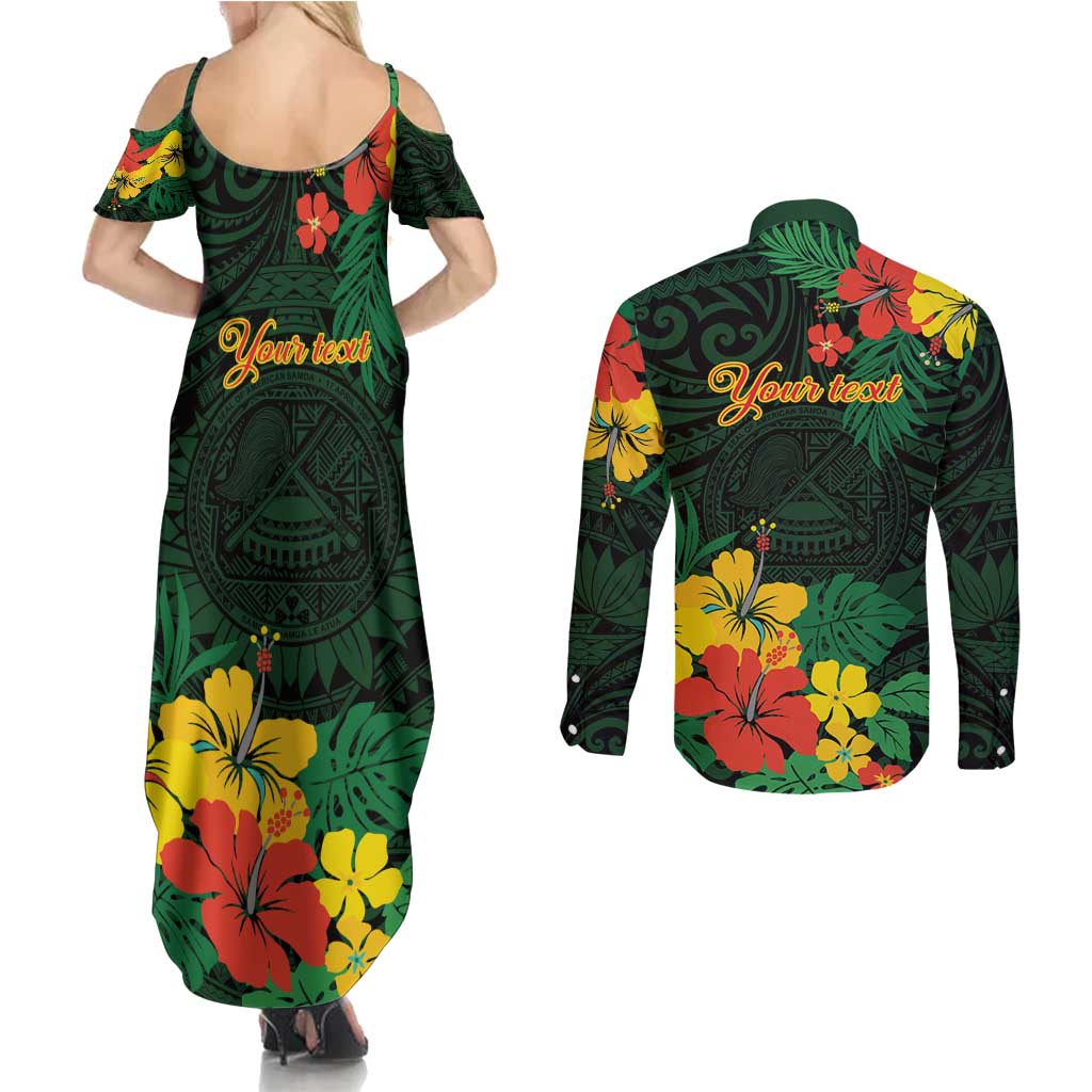 American Samoa Manu'atele Personalized Couples Matching Summer Maxi Dress and Long Sleeve Button Shirt Manua Island Hibiscus Flowers
