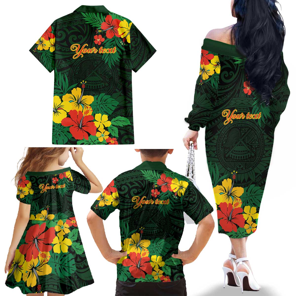 American Samoa Manu'atele Personalized Family Matching Off The Shoulder Long Sleeve Dress and Hawaiian Shirt Manua Island Hibiscus Flowers