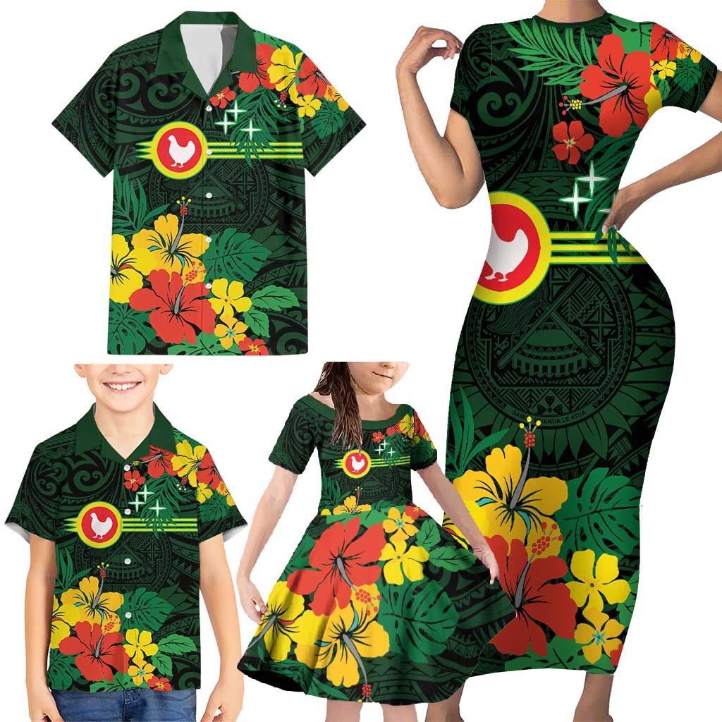 American Samoa Manu'atele Personalized Family Matching Short Sleeve Bodycon Dress and Hawaiian Shirt Manua Island Hibiscus Flowers