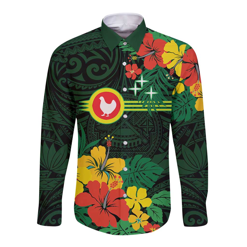 American Samoa Manu'atele Personalized Long Sleeve Button Shirt Manua Island Hibiscus Flowers LT9 Unisex Green - Polynesian Pride