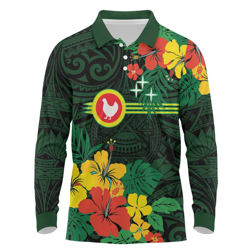 American Samoa Manu'atele Personalized Long Sleeve Polo Shirt Manua Island Hibiscus Flowers LT9 Green - Polynesian Pride