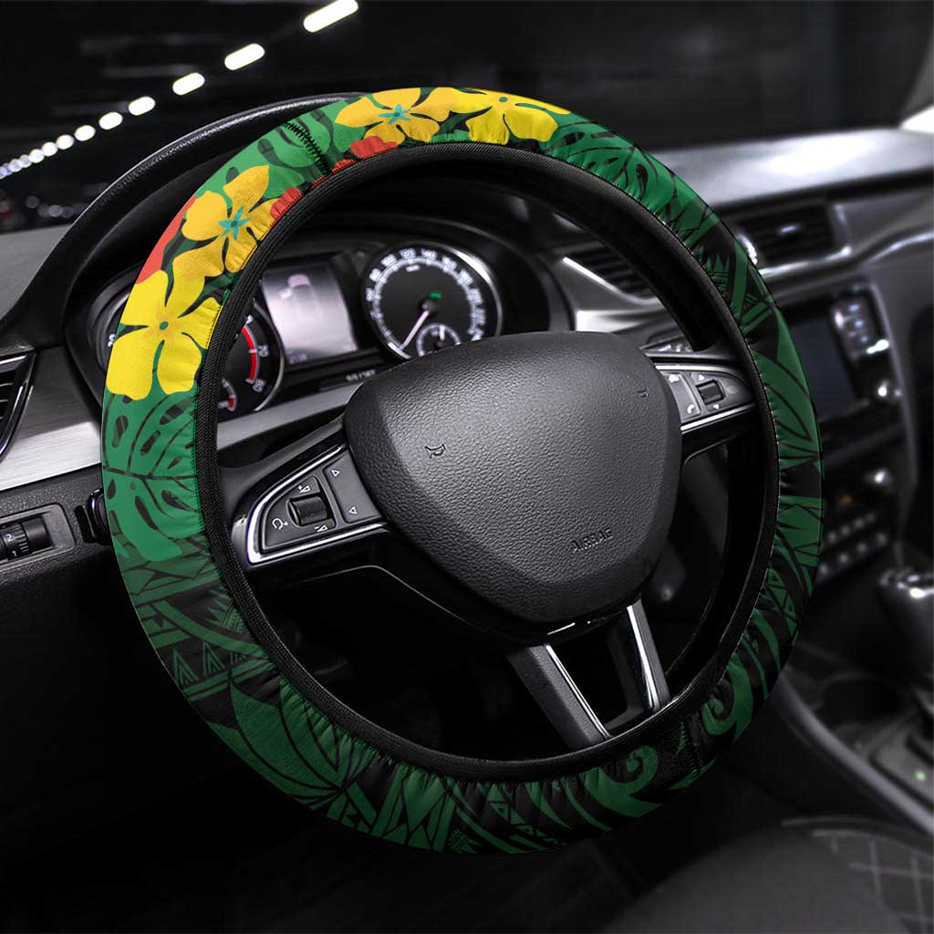 American Samoa Manu'atele Steering Wheel Cover Manua Island Hibiscus Flowers LT9 Universal Fit Green - Polynesian Pride
