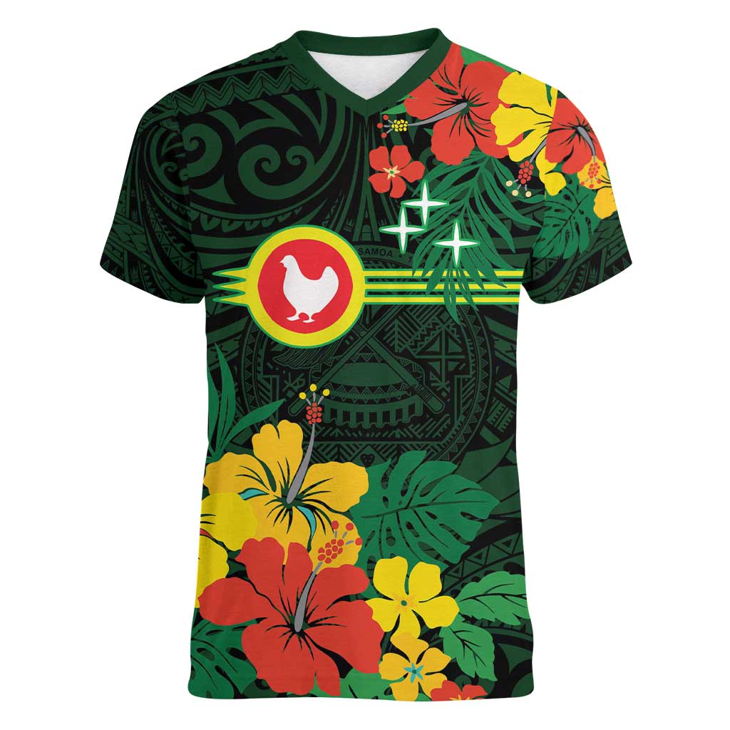 American Samoa Manu'atele Personalized Women V-Neck T-Shirt Manua Island Hibiscus Flowers LT9 Female Green - Polynesian Pride