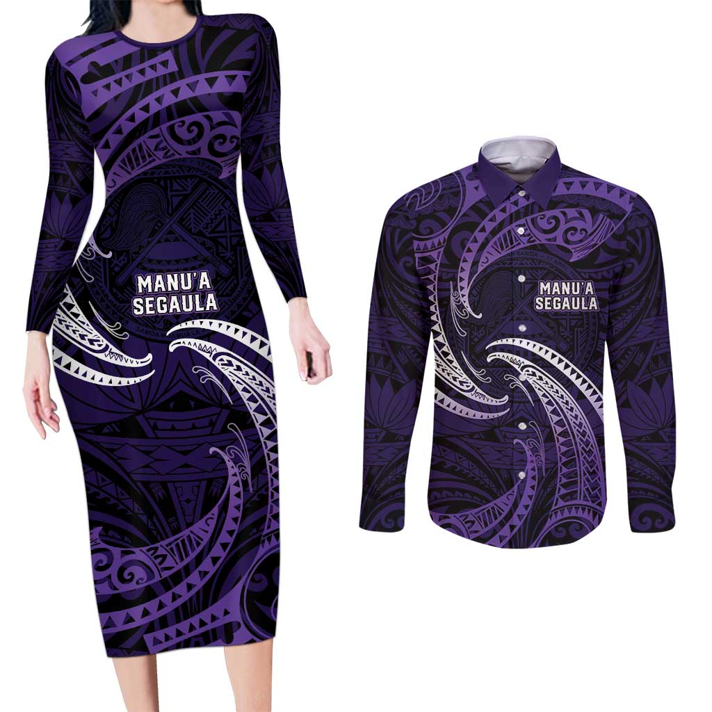 Manua Segaula American Samoa High School Personalized Couples Matching Long Sleeve Bodycon Dress and Long Sleeve Button Shirt Polynesian Wave Style LT9 Purple - Polynesian Pride
