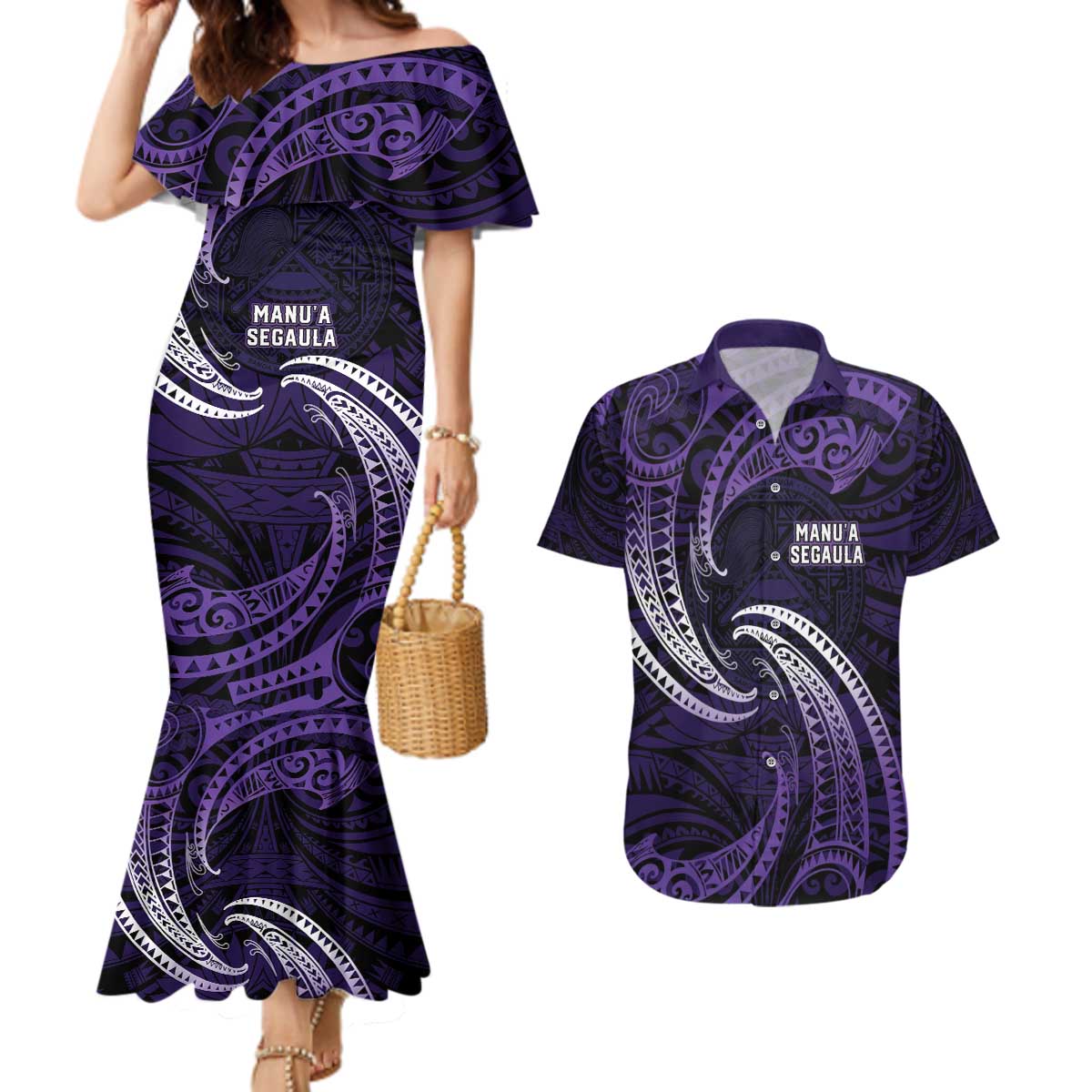 Manua Segaula American Samoa High School Personalized Couples Matching Mermaid Dress and Hawaiian Shirt Polynesian Wave Style LT9 Purple - Polynesian Pride