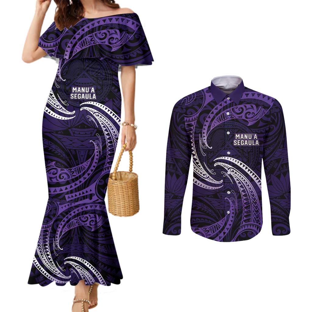 Manua Segaula American Samoa High School Personalized Couples Matching Mermaid Dress and Long Sleeve Button Shirt Polynesian Wave Style LT9 Purple - Polynesian Pride