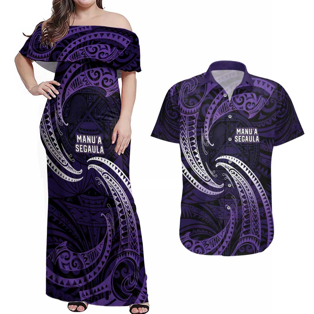 Manua Segaula American Samoa High School Personalized Couples Matching Off Shoulder Maxi Dress and Hawaiian Shirt Polynesian Wave Style LT9 Purple - Polynesian Pride