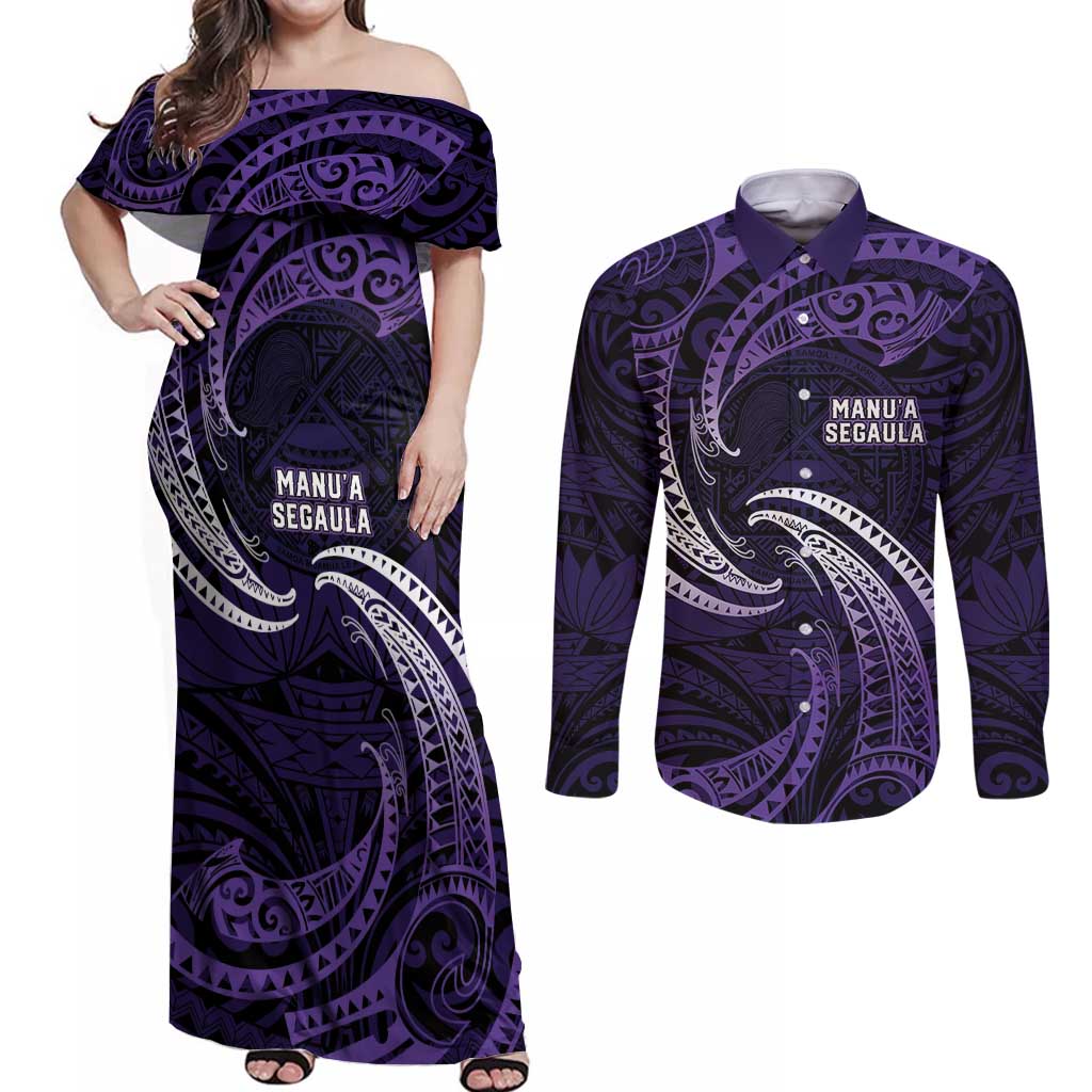 Manua Segaula American Samoa High School Personalized Couples Matching Off Shoulder Maxi Dress and Long Sleeve Button Shirt Polynesian Wave Style LT9 Purple - Polynesian Pride