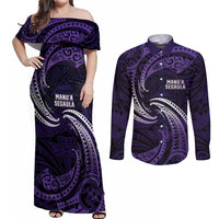 Manua Segaula American Samoa High School Personalized Couples Matching Off Shoulder Maxi Dress and Long Sleeve Button Shirt Polynesian Wave Style