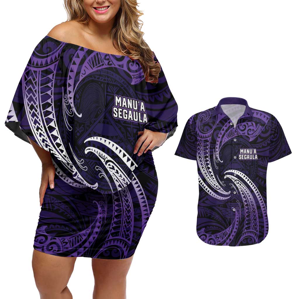 Manua Segaula American Samoa High School Personalized Couples Matching Off Shoulder Short Dress and Hawaiian Shirt Polynesian Wave Style LT9 Purple - Polynesian Pride