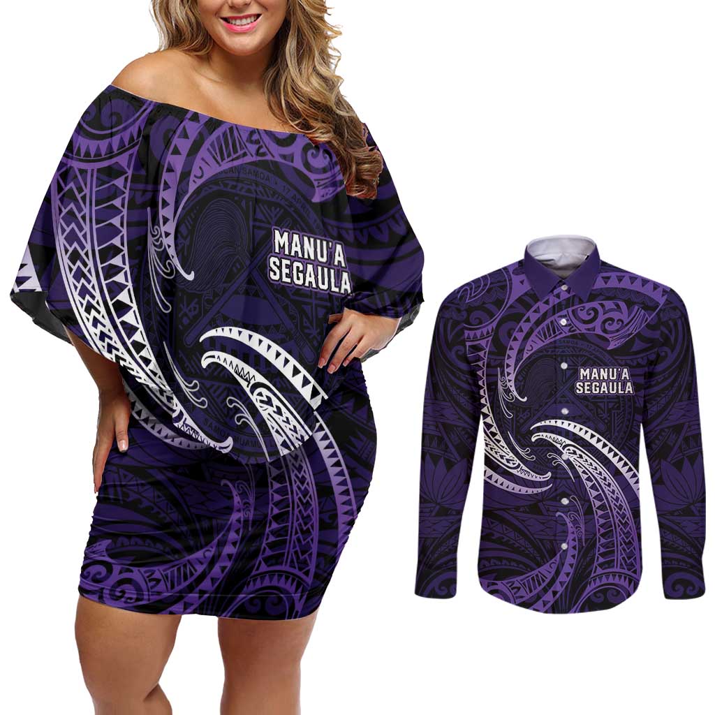 Manua Segaula American Samoa High School Personalized Couples Matching Off Shoulder Short Dress and Long Sleeve Button Shirt Polynesian Wave Style LT9 Purple - Polynesian Pride