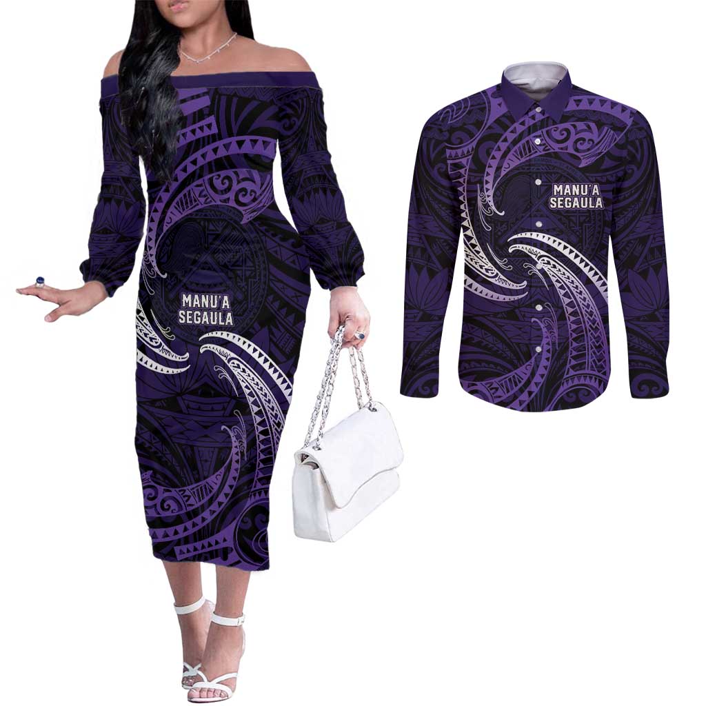 Manua Segaula American Samoa High School Personalized Couples Matching Off The Shoulder Long Sleeve Dress and Long Sleeve Button Shirt Polynesian Wave Style LT9 Purple - Polynesian Pride