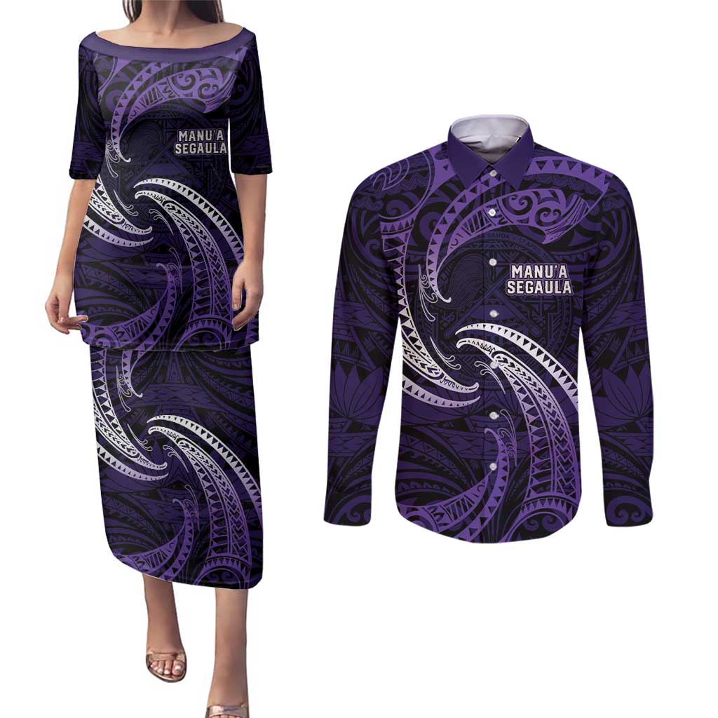 Manua Segaula American Samoa High School Personalized Couples Matching Puletasi and Long Sleeve Button Shirt Polynesian Wave Style LT9 Purple - Polynesian Pride