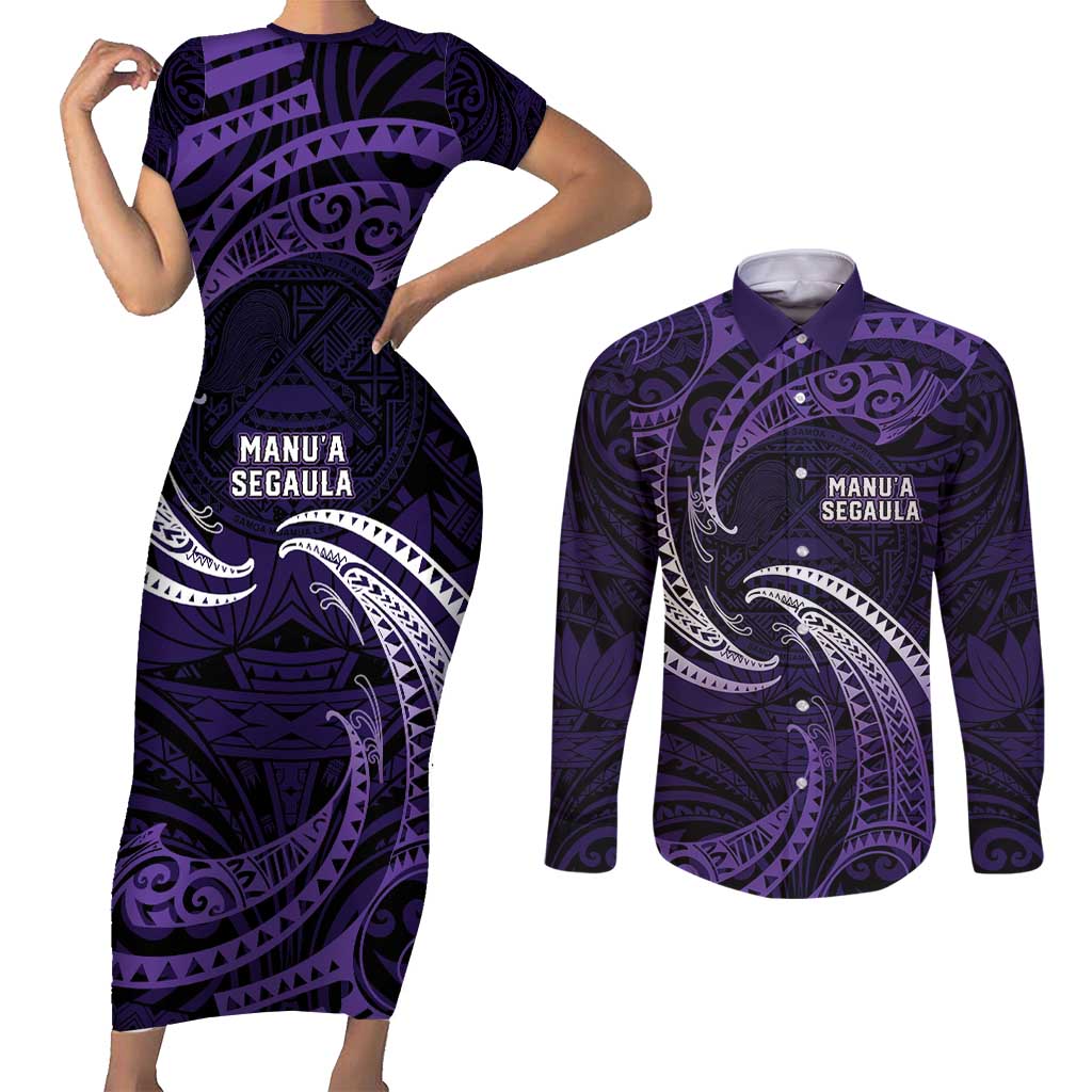 Manua Segaula American Samoa High School Personalized Couples Matching Short Sleeve Bodycon Dress and Long Sleeve Button Shirt Polynesian Wave Style LT9 Purple - Polynesian Pride