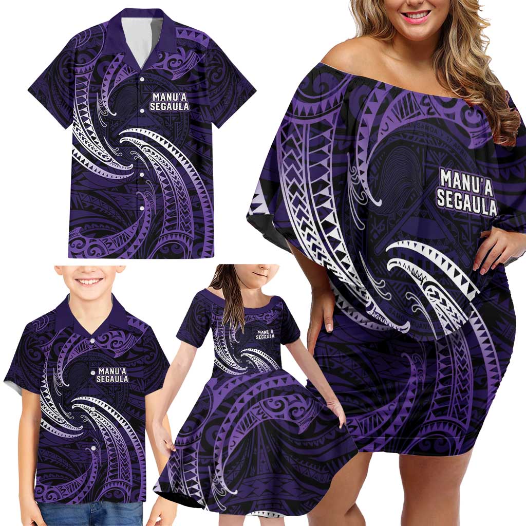 Manua Segaula American Samoa High School Personalized Family Matching Off Shoulder Short Dress and Hawaiian Shirt Polynesian Wave Style