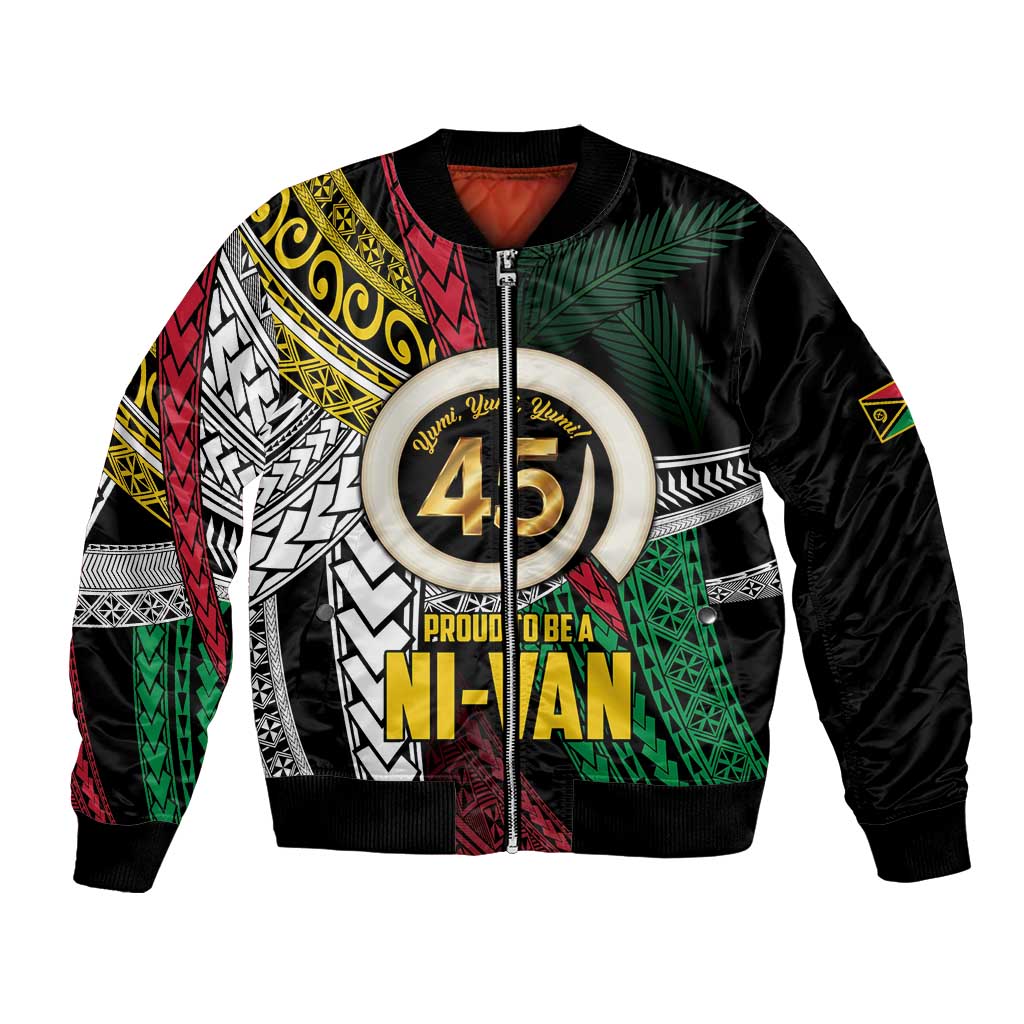 Ni-Van Vanuatu 45th Yumi Yumi Yumi Bomber Jacket Vanuatuan Boar Tusk Polynesian Pattern LT9 Unisex Black - Polynesian Pride