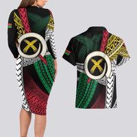 Ni-Van Vanuatu 45th Yumi Yumi Yumi Couples Matching Long Sleeve Bodycon Dress and Hawaiian Shirt Vanuatuan Boar Tusk Polynesian Pattern